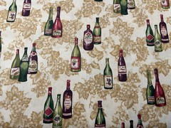 Wine Bottles Grapes Leaves Tendrils Green Burgundy Tan Quilt 100% Cotton Fabric