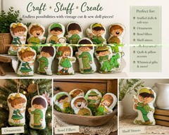 C1 70s Folk Art Rag Doll Fabric Stuffable Craft Lot 22 Cut & Sew Pcs Unfinished
