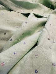 NEW Silver Sequins Embroidery on Green Cotton Linen Fabric 4 Yards 52″W