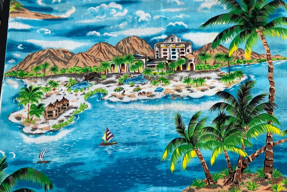 Vtg Cotton Blend fabric – tropical island, palm trees and sailboats – 1 yd 11″