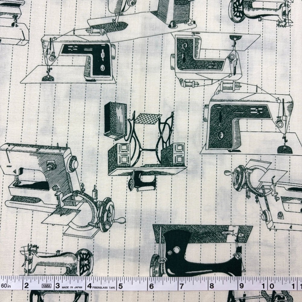 Antique Sewing Machine Fabric 55″ L X 44″ W 1.5 Yard Green Monochrome Vtg 1993