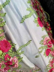 “Fuchsia Floral Lace Fabric on White Mesh with Green Leaf Embroidery – Sold by t