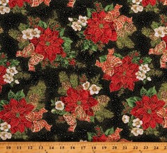 Cotton Poinsettia Flowers Floral Christmas Black Fabric Print by Yard D506.83