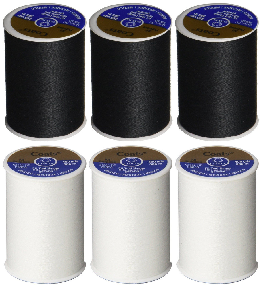 6 Pack Bundle – (3 Black + 3 White) – Coats & Clark Dual Duty 6 Pack,