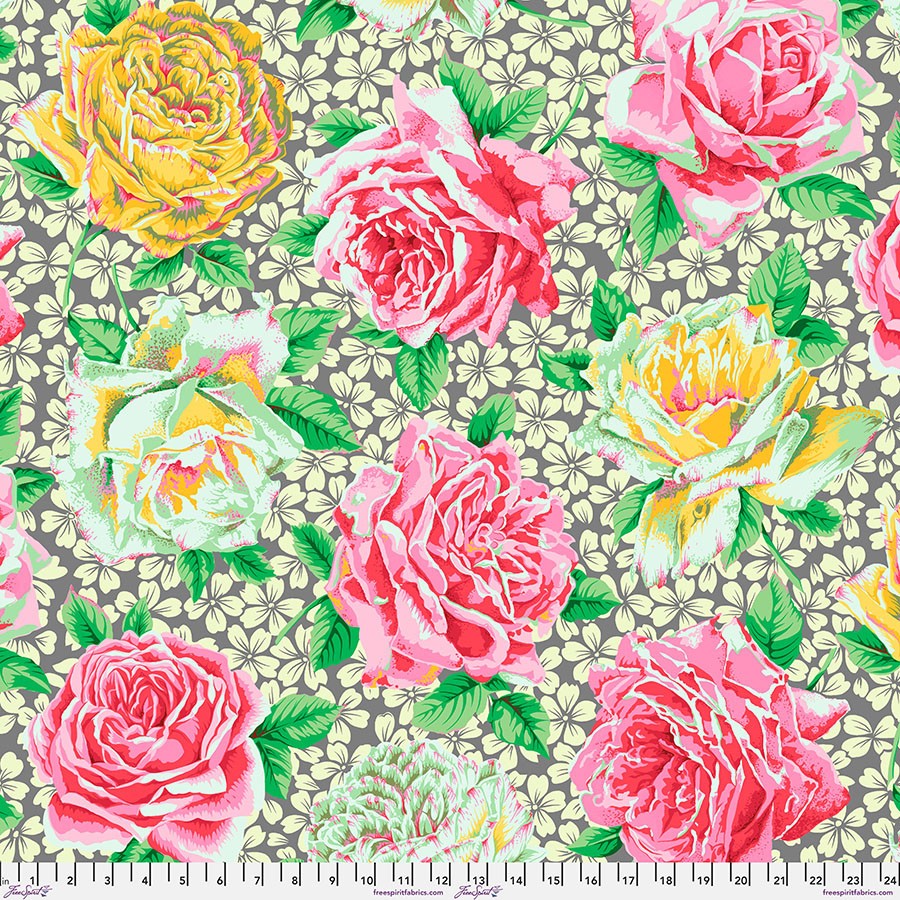 KAFFE FASSETT PHILIP JACOBS ROSE BLOOM PJ77 GRAY FLORAL COTTON FABRIC 1/2 YD