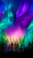 Aurora Borealis Forest ~ Northern Lights Fabric Quilt Panel ~24″