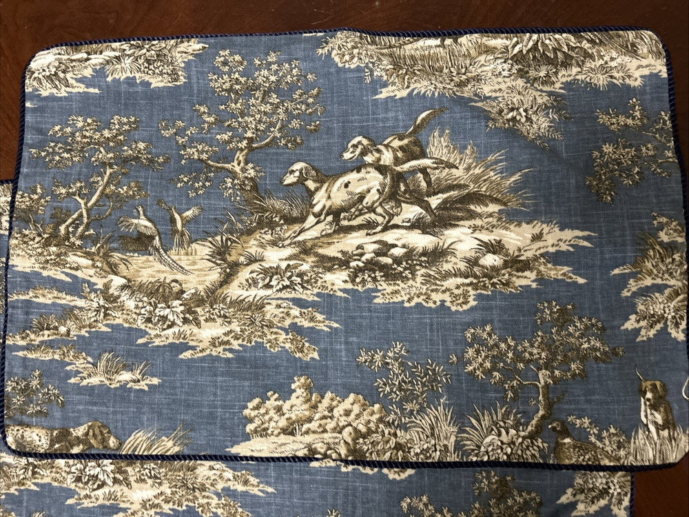 Custom made pillow cover with Hunting Dog Toile in Denim Blue Corded edges.