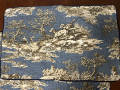 Custom made pillow cover with Hunting Dog Toile in Denim Blue Corded edges.