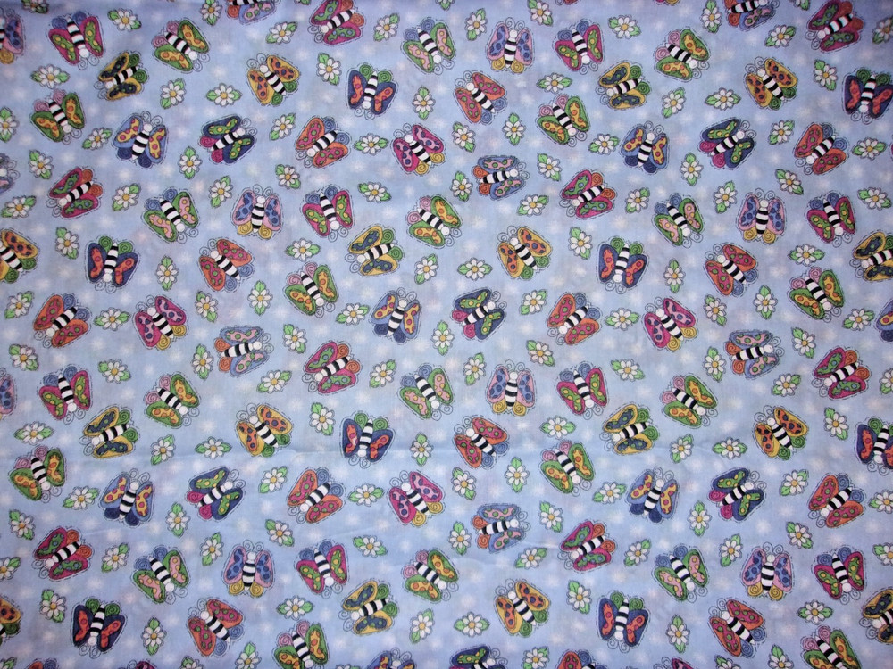 Nearly 6 yards Fabric Cotton Whimsical Butterflies Light Blue Background 44″ W
