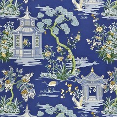 Harmony Federal Asian Pagoda Print on Blue Regal Chinoiserie Fabric