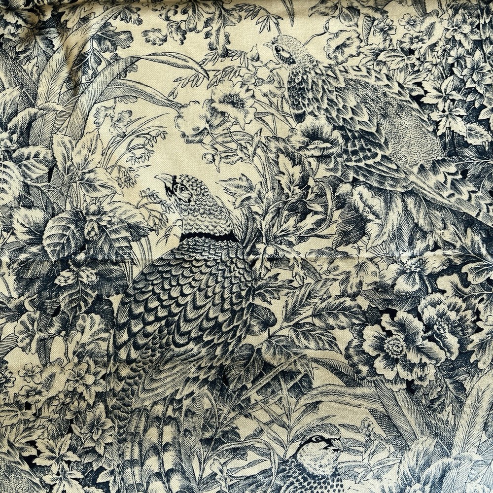 Covey Toile Cream Dark Navy Blue Fowl Peasant Floral Feathers Kathy Hall 2 Y
