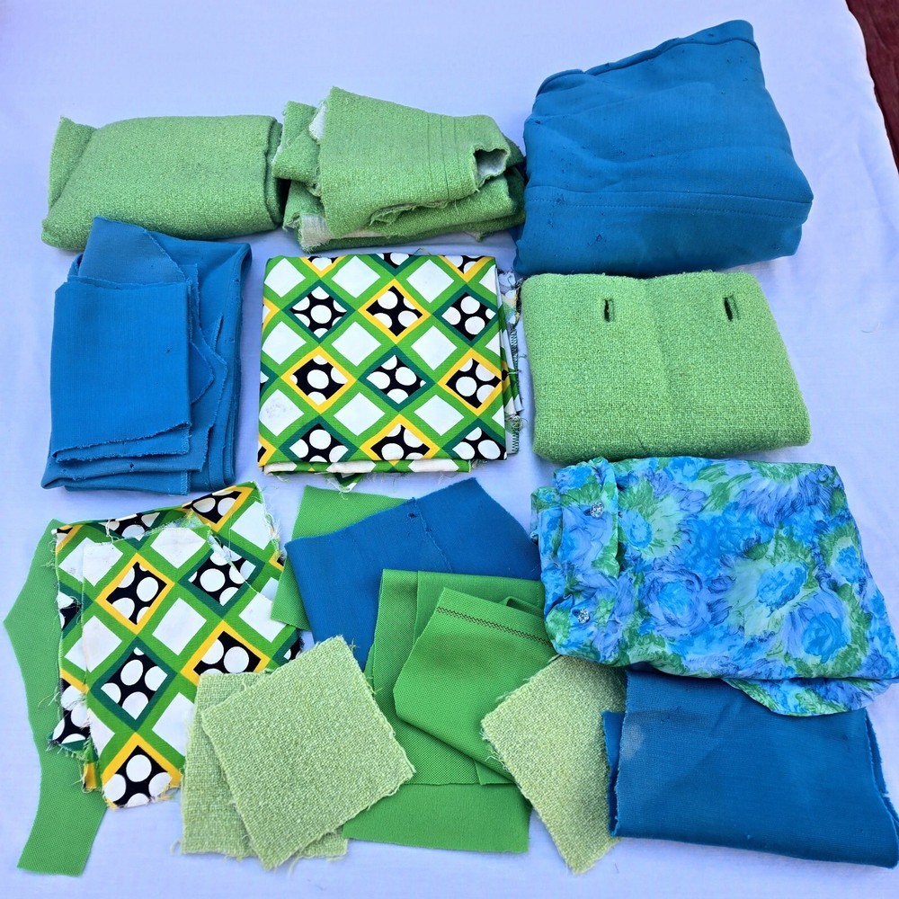 Vintage Fabric Scrap LOT Lime Green Wool Blue Mid Century Mod Aunt Leo D5