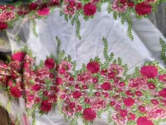 “Fuchsia Floral Lace Fabric on White Mesh with Green Leaf Embroidery – Sold by t