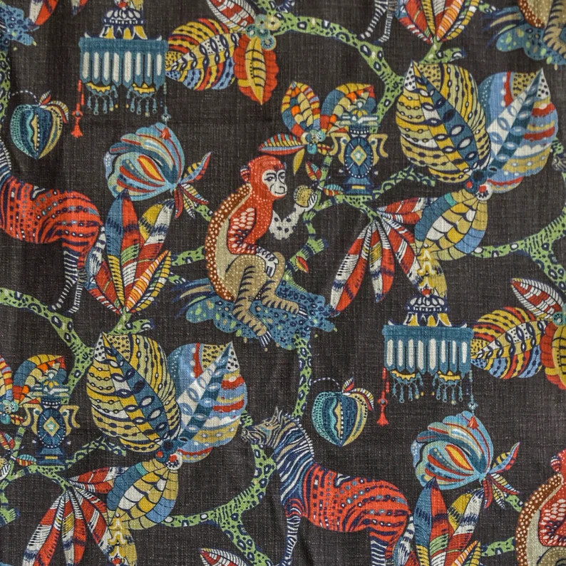 Black, Red, Green Printed Cotton Fabric by the Yard, 1 Yard Black Cotton Fabric
