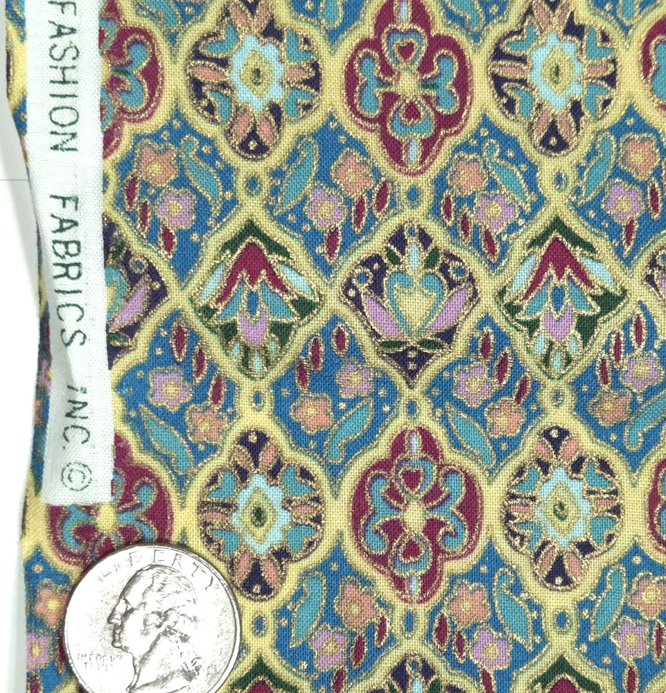 Tiny Flowers Mosaic Tiles Mini Print Metallic Gold Hi-Fashion Cotton Fabric BTY