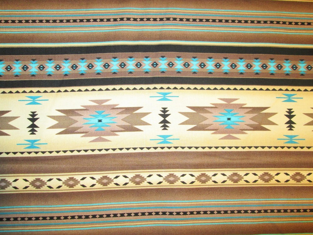 Navajo Indian Tan Brown Cream Teal Border Print Cotton Fabric BTHY