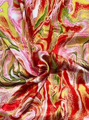 African Print, Satin Fabric – Red, Pink, Gold “Wasi Whirl”, Yard or Wholesale