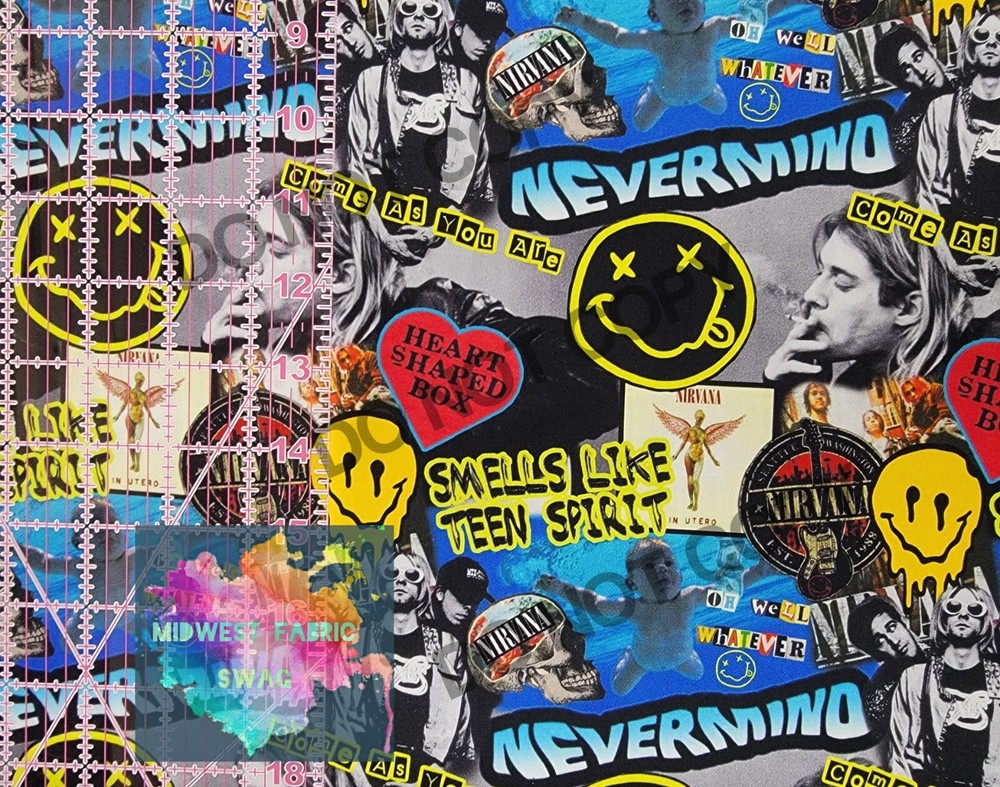 Custom 100% Cotton Woven Fabric Nirvana Band Grunge Alternative 1/4 Yard 9×56
