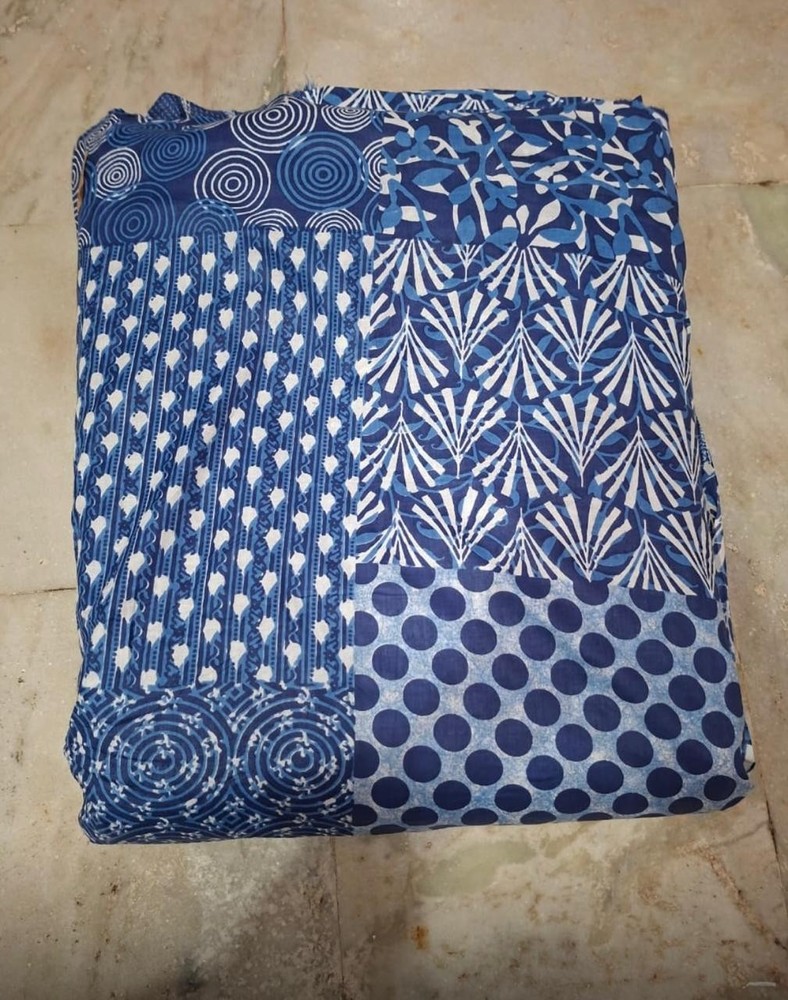 3 Yards Fabric Indian Blue Floral Hand Made Print Cotton Fabric Sewing Fabrics