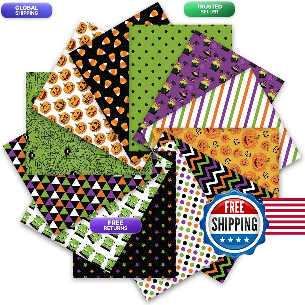 Whaline 12Pcs Halloween Cotton Fabric Bundles 18 X 22 Inch Spider Web Pumpkin