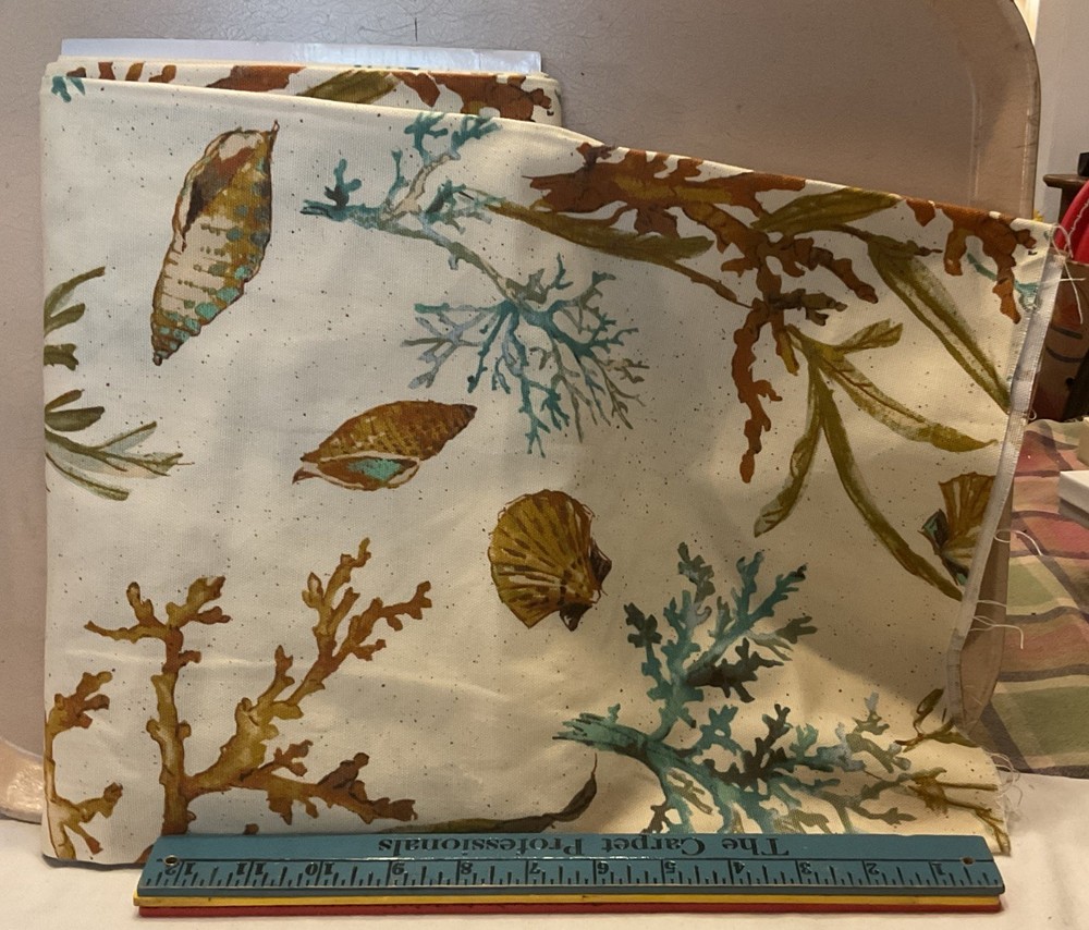 Vintage Waverly Sea Ocean Cotton Screen Print Fabric 2 Yds X 44” Tan Cream Aqua
