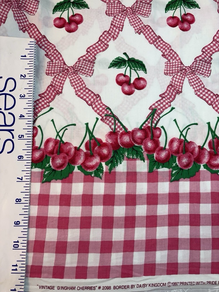Vintage Daisy Kingdom Cherry Border Print gingham bows cotton fabric 2 yd washed