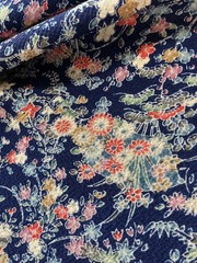 Vintage Japanese kimono silk fabric Chirimen/ navy blue, fans OT14