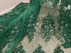 Green Heavy Beaded Sequin Rhinestones Embroidery Lace Fabric 50” Width 1 Yard