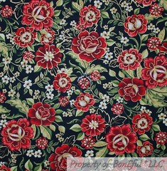 BonEful Fabric FQ Cotton Quilt Black Red Holiday Xmas Rose Flower Gold Metallic