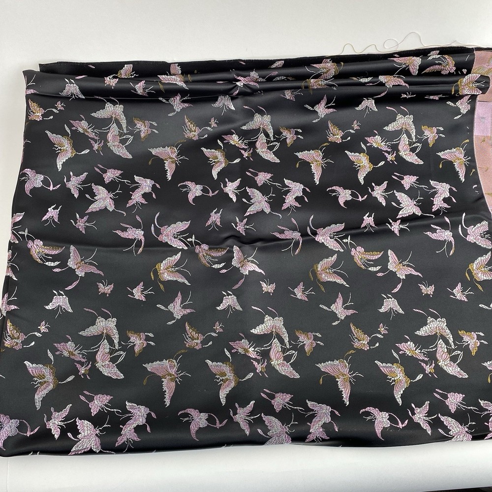 Brocade Fabric Black Silver Pink Butterfly Print 45” x 2 Yards
