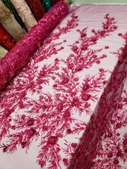 Flower 3D Lace Fuchsia Beaded Lace 3D Embroidered Fabric by Yard For Dress Prom