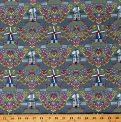 Cotton Windmills Dutch Tulips Mice on Light Grey Cotton Fabric by Yard D363.42