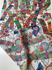 Vintage Japanese kimono silk fabric / white base, floral Tanzaku AB30