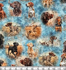 Quilting Treasures – Forest Field And Stream – Hunting Dogs – Blue, BTY