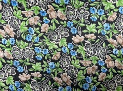 Vintage 1950’s Cotton Floral Fabric Black Green Blue Brown Mid Century