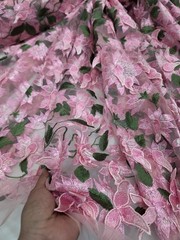 Pink 3d Floral Lace Fabric Sold By The Yard Green Leaves Embroidery For Dress