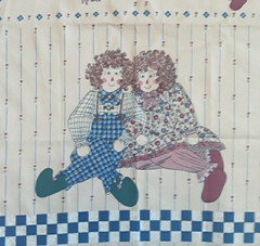 Vintage 90s Raggedy Ann & Andy Print Fabric Panel 22×35 Folk Art Cottage Country