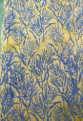 Beautiful blue leaf print on on yellow background batik, unmarked maker