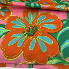 Cotton Sateen Floral Fabric Large Hibiscus Orange Blue Green 44 x 36″