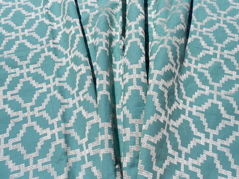 Turquoise Linen White Embroidered Fabric Geometric Kilim Home Decor Crafts BTY