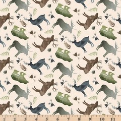 Lodge Life Animal Toss Ecru 05871E Woodland Cotton Fabric half yd contious cut