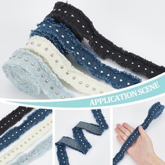 4 Rolls Denim Ribbon 7.7 Yards Fabric Rivets Fringes Frayed Cotton Strips