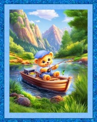 Fishing Teddy Fabric Baby Quilt Panel 36″ x 45″, Teddy Bear, Horse