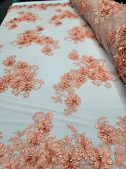 Peach Floral 3D Beaded French Embroidered Handmade Mesh 3D Lace Fabric By Yard