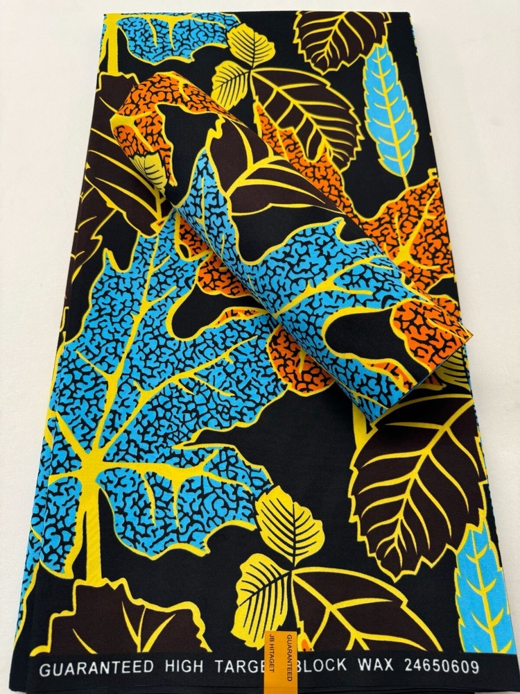 Polyester High Quality Design -Leaves Pattern-Sky-blue, Yellow, Brown, Orange,