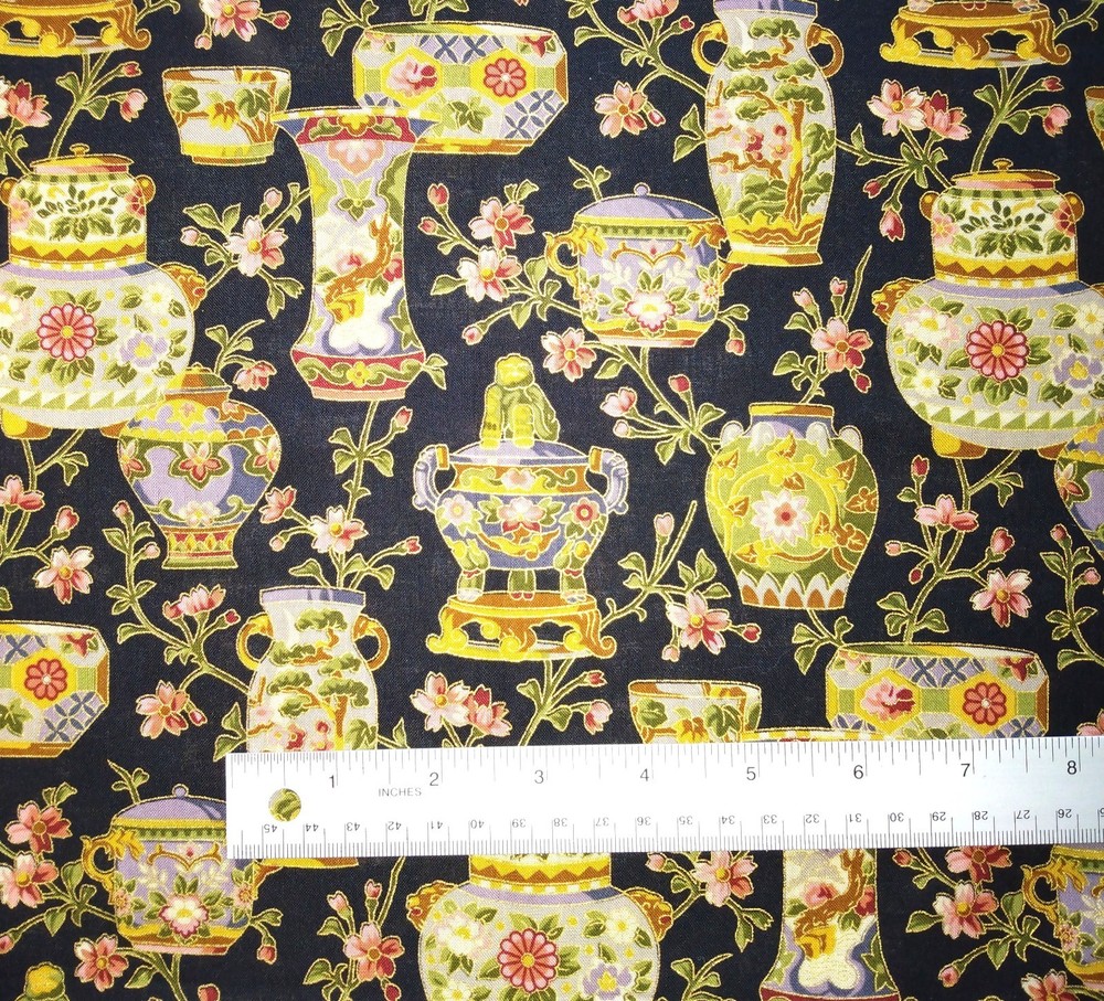 1¼ yards cotton fabric ~ CHINESE VASES, URNS, BOWLS on black, gold accents