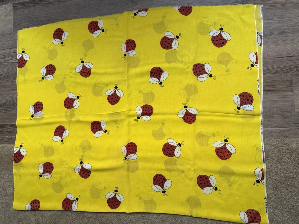Vintage Ameritex Co. Light-Weight Cotton Fabric Bright Yellow Ladybugs 1.8 Yards