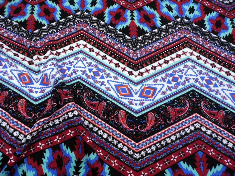 Printed Liverpool Textured Fabric Stretch Chevron Paisley Aztec Burgundy I506