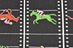 By 1/2 Yd, Red Green White Racehorses on Black Quilt Cotton, Goldinger, B1436