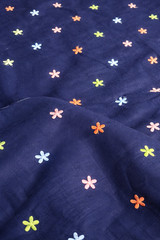 Navy Linen Cotton Embroidered Floral Fabric Multi Color Medium Weight 56″ Wide